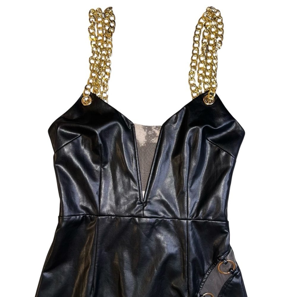 NWT Michael Costello X Revolve Black Faux Leather Maxi Dress Gold Chain Straps S - Picture 5 of 14